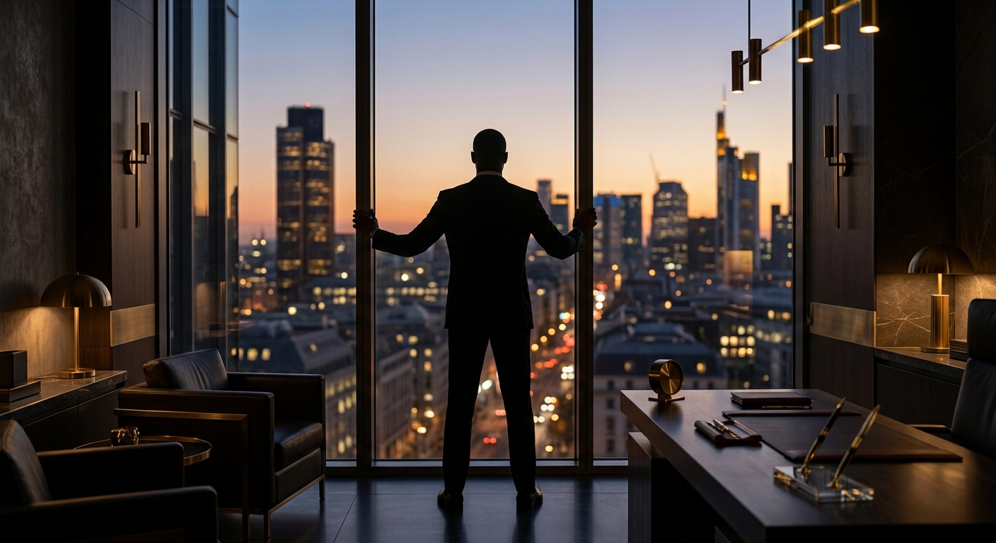Founder silhouette in a London office, representing Prestige & Co's advisory work for business leaders
