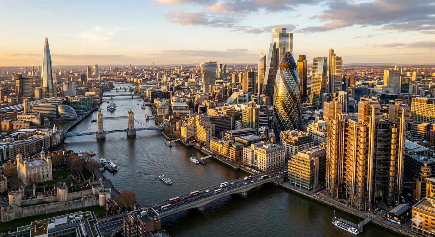 Prestige and Co — UK Corporate Finance Consultant, City of London skyline at golden hour